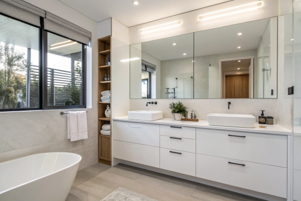 Modern White Lacquer Vanity with Wall Mounted Plywood Drawers