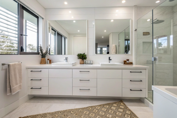 Modern White Lacquer Vanity with Wall Mounted Plywood Drawers - Image 4