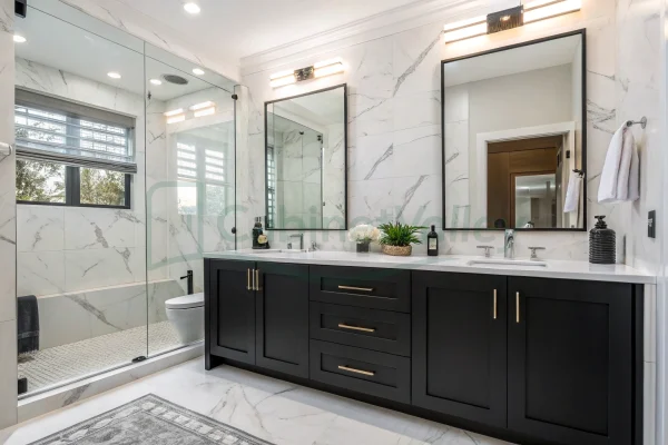 Contemporary bathroom with black vanity cabinetry and large square mirrors