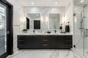 Minimalist bathroom vanity in matte black finish with dual sink and storage drawers