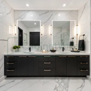 Minimalist bathroom vanity in matte black finish with dual sink and storage drawers