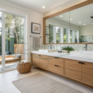 Wall-mounted vanity in minimalist style with white top and natural wood drawers