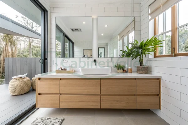 Floating oak bathroom vanity with quartz countertop and large mirror