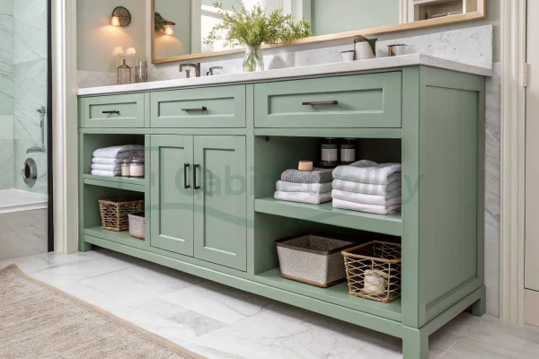 Elegant sage green vanity with mixed storage and polished chrome fixtures