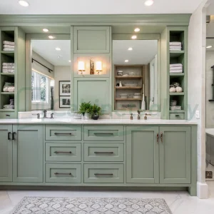 Wall-to-wall sage green shaker cabinets with integrated sinks and storage towers