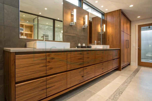 Close-up of integrated-handle walnut bathroom vanity with vessel sinks and ambient lighting