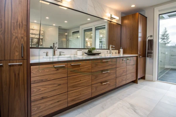Side view of walnut veneer drawers with modern metal handles and sleek stone countertop