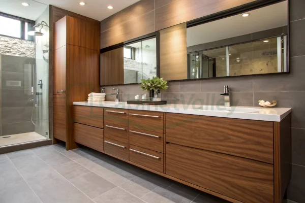 Wide angle shot of a double-sink walnut vanity with full mirror and warm wood tones