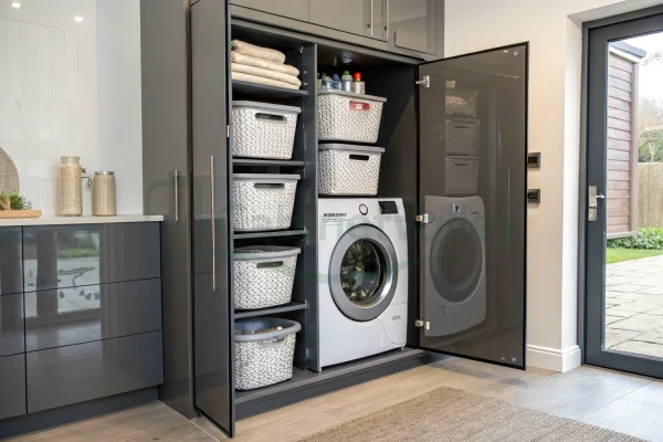 Gloss-gray tall laundry cabinet with soft-close doors, integrated washer and storage baskets in a compact built-in unit.