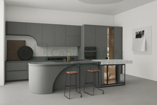 Contemporary gray kitchen featuring seamless cabinetry, soft edges, and a sculptural curved island.