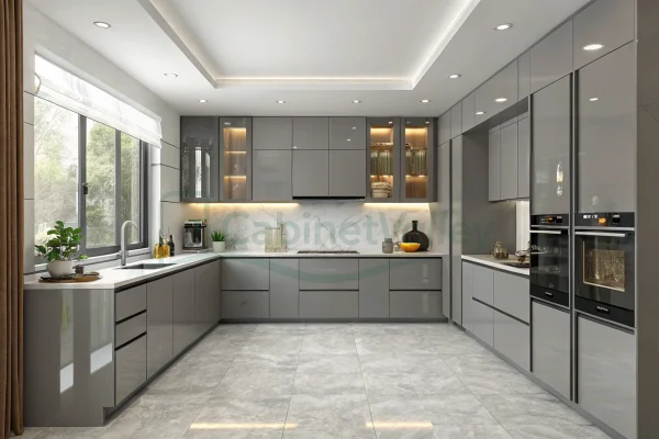 Gray Lacquer Modern U-Shaped Kitchen Cabinets – High-Gloss Custom Cabinetry - Image 2