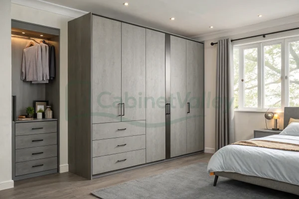 Corner view of a gray modern wardrobe showcasing drawers, open shelves, and hanging space