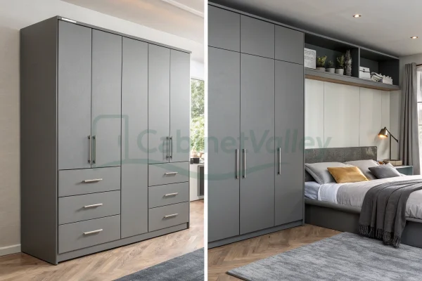 Contemporary bedroom with integrated gray wardrobe featuring minimalist lines