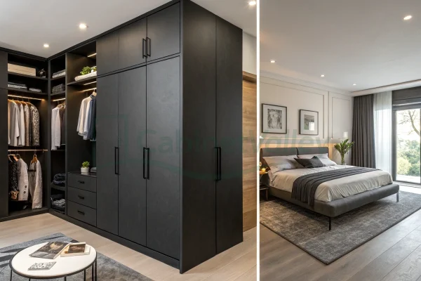 Spacious modern room with a sleek black L-shaped wardrobe and soft grey furnishings