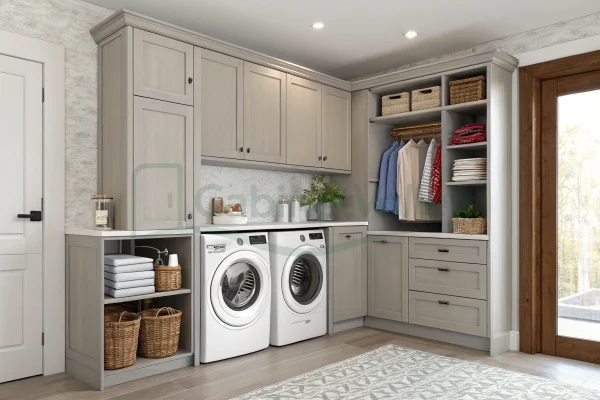 Corner laundry layout with integrated sink, open shelves, hanging rods, and soft gray shaker cabinets with matte finish.