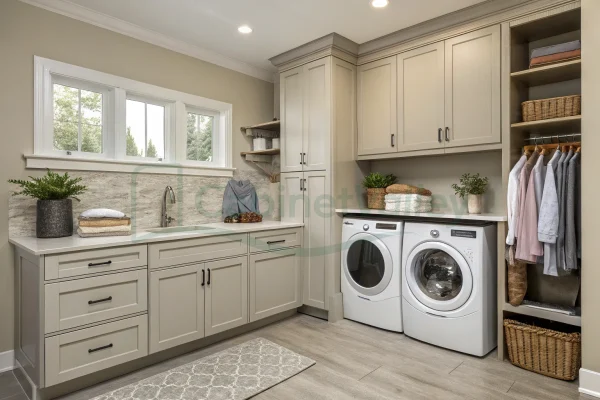 Laundry room featuring L-shaped cabinetry, under-window sink, tall pantry storage, and warm wood flooring.