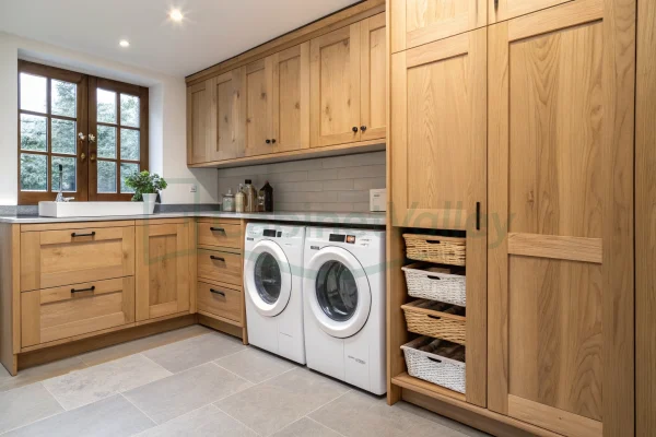 Natural oak cabinetry with inset laundry appliances, farmhouse sink, and open storage baskets