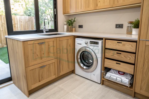 Compact corner laundry with oak cabinetry, built-in washer, and utility drawers under open window