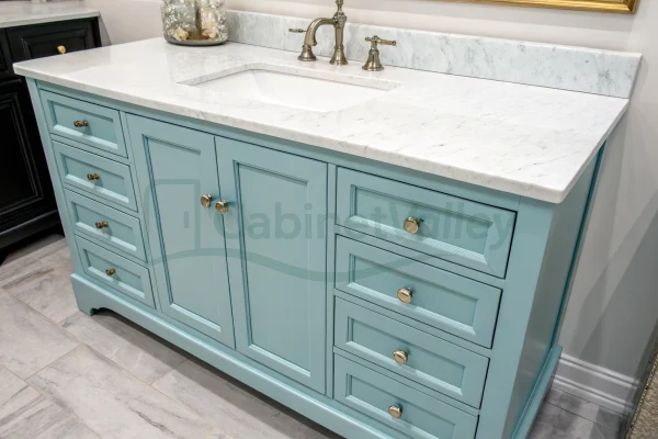Close-up of traditional light blue vanity drawers paired with a polished white marble top