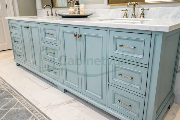 Extended double-sink vanity in blue with classic drawer design and metallic pulls in marble setting