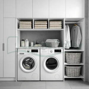 Monochrome laundry cabinetry featuring white built-ins, vertical hampers, towel shelves, and integrated appliance space.