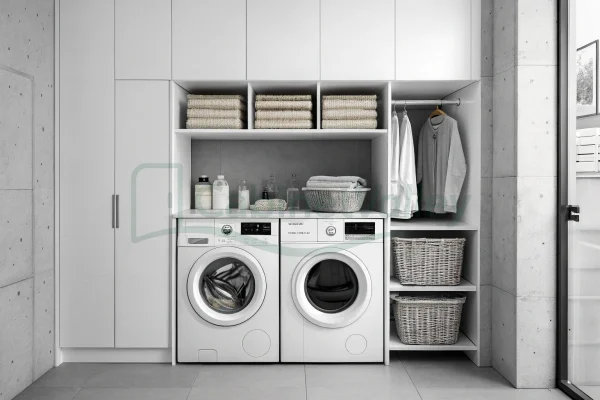 Monochrome laundry cabinetry featuring white built-ins, vertical hampers, towel shelves, and integrated appliance space.