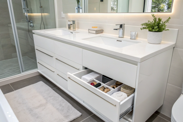 Modern White Lacquer Vanity with Wall Mounted Plywood Drawers - Image 3