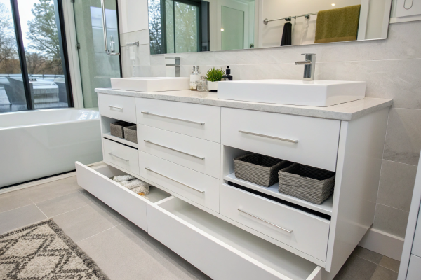 Modern White Lacquer Vanity with Wall Mounted Plywood Drawers - Image 2