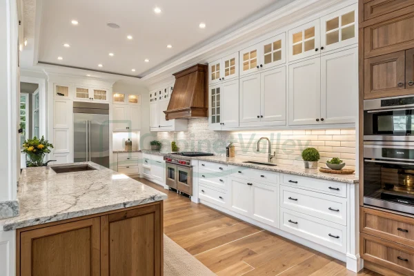 White and wood kitchen design with long L-shaped layout, upper glass-front cabinets, and under-cabinet lighting for a modern warm interior.