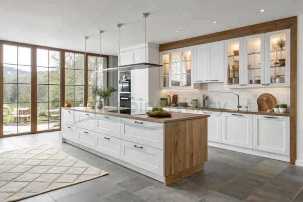 Contemporary L-shaped kitchen with wood countertop island, integrated white cabinets, pendant lighting, and built-in black appliances.