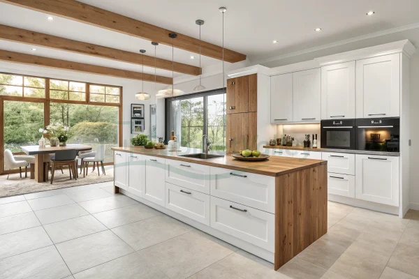 Bright modern kitchen featuring white matte cabinets, wood-framed island, large windows, and glass display shelving.
