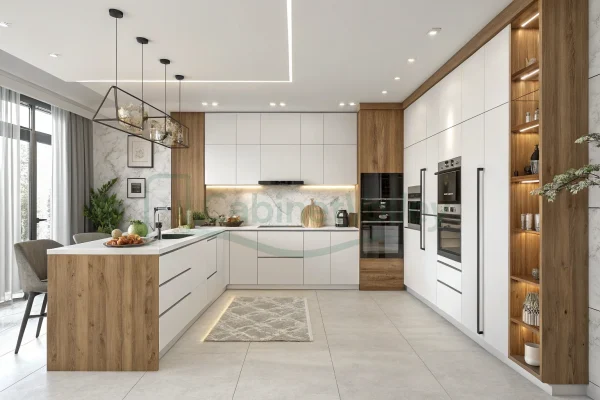 White matte cabinets with natural oak accents and open shelving in a contemporary U-shaped kitchen