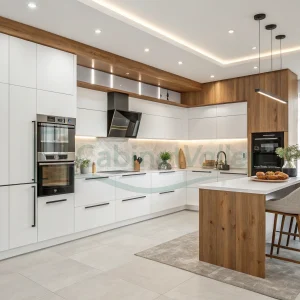 Minimalist kitchen space with integrated white and oak cabinetry, pendant lights, and functional breakfast island