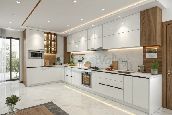 Modern L-shaped kitchen featuring white lacquer cabinets and wood-framed glass shelving with marble backsplash