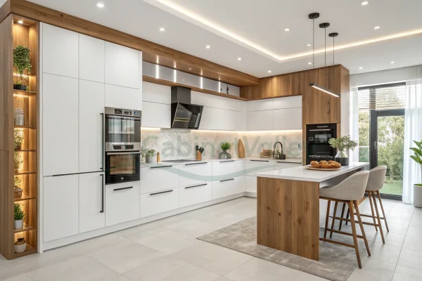 Minimalist kitchen space with integrated white and oak cabinetry, pendant lights, and functional breakfast island