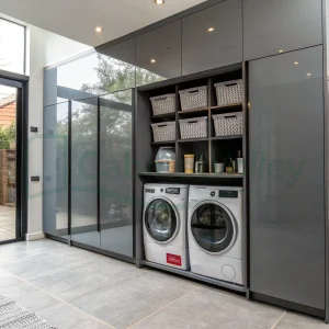 Wall-length laundry cabinet in glossy gray finish with twin front-loading washers and grid baskets above and beside appliances.