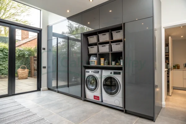 Wall-length laundry cabinet in glossy gray finish with twin front-loading washers and grid baskets above and beside appliances.