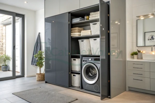 Tall gloss-gray laundry cabinetry featuring built-in washer, multiple woven baskets, towel storage, and overhead closed units.