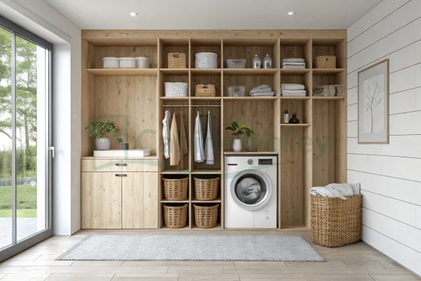 Scandinavian open-shelf laundry unit with integrated washer, natural oak cubbies, and rattan baskets.