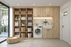Wall-spanning oak cabinet with laundry sink, built-in washer, and warm LED shelf lighting.