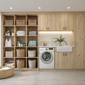 Wall-spanning oak cabinet with laundry sink, built-in washer, and warm LED shelf lighting.