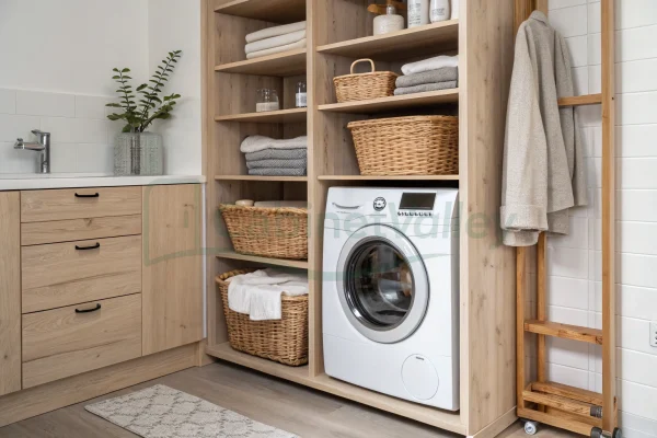 Compact laundry system in natural wood finish with open shelving and side counter basin.