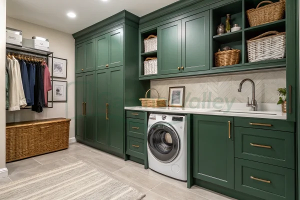 Lacquered forest-green utility cabinets with integrated washer and coat hanging area in a tiled laundry room.