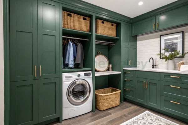 Shaker-style laundry cabinets in dark green with white countertop, brass hardware, and dual hanging rods.