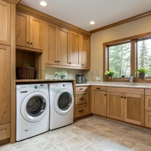 Laundry room with warm oak cabinets, full-height storage, and double machines under shaker uppers