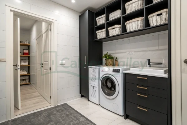 Laundry cabinetry with black upper cubbies, white washer integration, sink, and brass handles on charcoal drawers.