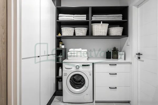 Modern white and black laundry setup with stacked shelves, hanging space, and fully built-in storage cabinetry.