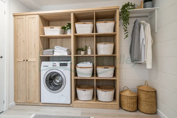 Vertical oak laundry cubbies with open baskets, hanging area, and seamless washer integration.