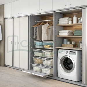 Sliding laundry cabinet with upper hanging rail, pull-out wire baskets, and wooden shelf backdrop for towels and containers.