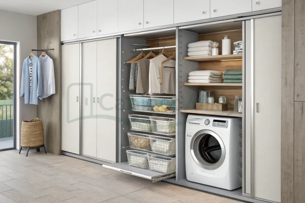 Sliding laundry cabinet with upper hanging rail, pull-out wire baskets, and wooden shelf backdrop for towels and containers.